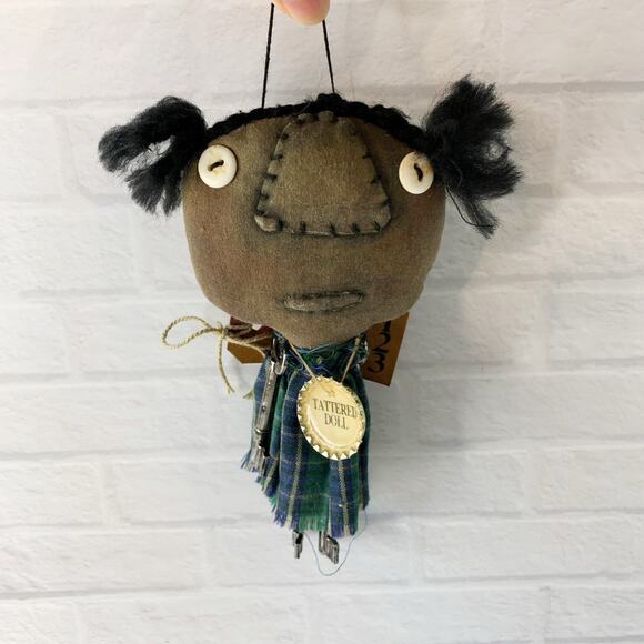 Primitive Folk Art Doll Black Cloth Tattered Distressed Whimsical Rag Hanging 8" - Picture 1 of 7